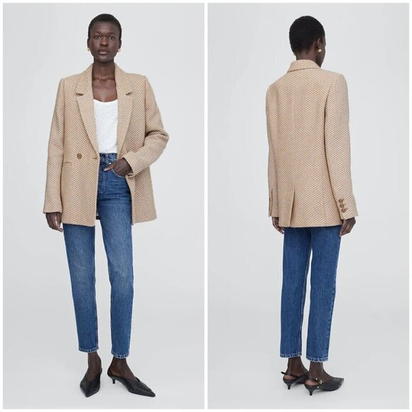 💕ANINE BING💕 Tweed Double Breasted Fishbone Blazer ~ Tan & Cream XL - Picture 4 of 16